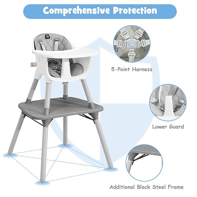 BABY JOY High Chair, 5 in 1 Convertible Highchair for Babies & Toddlers | Booster Seat | Table and Chair Set | Infant Feeding Chair with Removable Tray, Safety Harness, Removable Cushion (Gray)