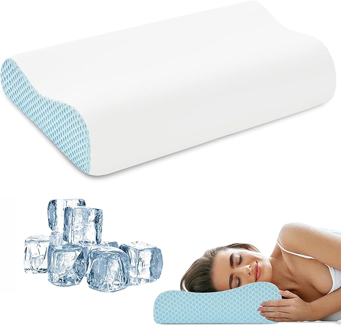 Memory Foam Cooling Bed Pillows for Sleeping, Ergonomic Cervical Pillow for Neck and Shoulder Pain Relief, Adjustable Cold Pillow with Pillowcase,Blue