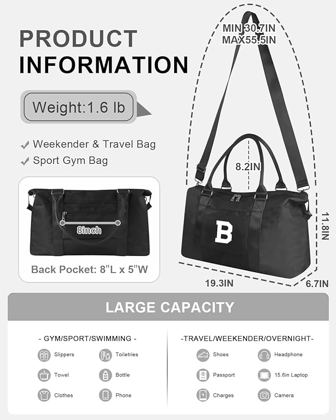 Initial Travel Duffel Bag Sports Gym Bag for Boys Teen Birthday Gifts,Black Personalized Weekender Bag Carry On Tote Bags for Men,Waterproof Overnight Luggage Bag Airplane Travel Essentials(Letter B)
