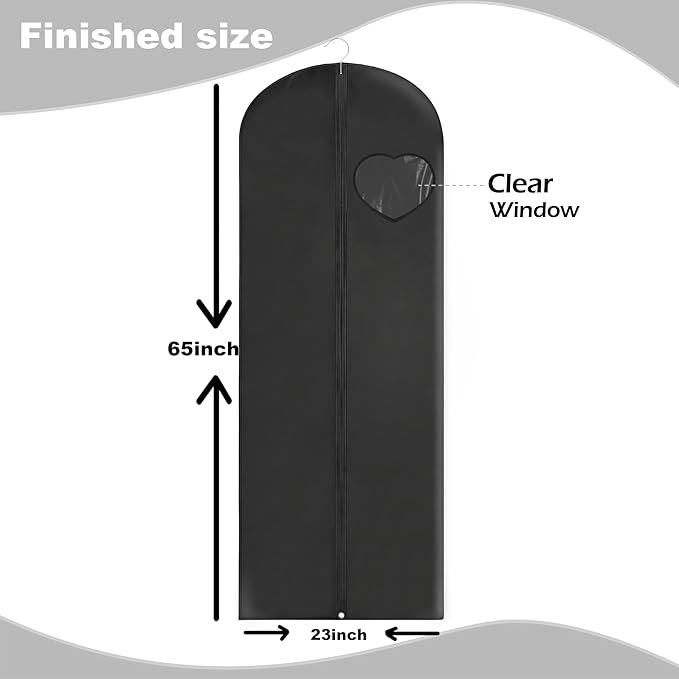 Dress Bags for Gowns Long, 65'' Garment Bags for Hanging Clothes, Suit Bag Cover for Storage and Travel, with Clear Heart Window, 2 Pack (Black)