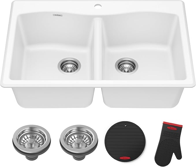 KRAUS Forteza 33-inch Granite Drop In/Undermount 50/50 Double Bowl White Kitchen Sink, KGD-52WHITE