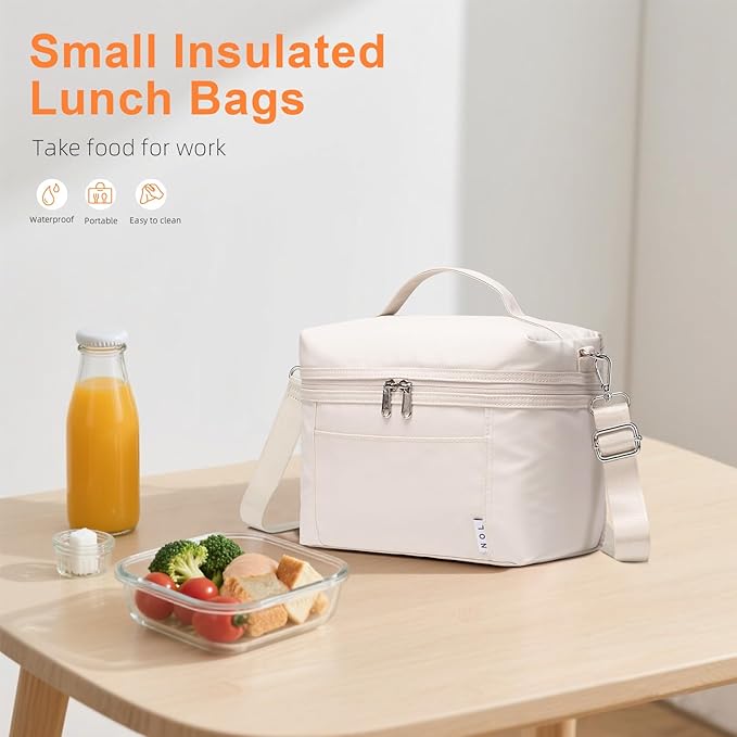 NOL Natural Organic Lifestyle Insulated Lunch Bags for Women Cooler Bag Lightweight Nylon Waterproof Lunch Box For Work (Small, Cream)