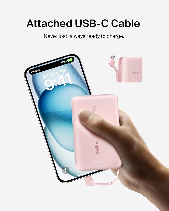Belkin Portable Charger, Power Bank with Integrated Cable 10000 mAh 20W - Fast Charge USB C Power Delivery, iPhone Charger - iPhone 16 Series, iPad Pro, Galaxy S25, & More - Pink