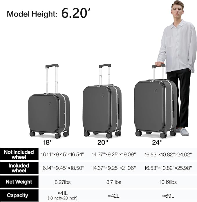 mixi Carry On Luggage, 18” Suitcase with Front Laptop Pocket, Travel Luggage Aluminum Frame PC Hardside with Spinner Wheels & TSA Lock and Cover (Not for Underseat), Rock Gray
