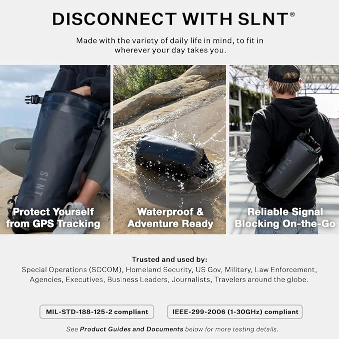 SLNT Waterproof Faraday Dry Bag - 420D Waterproof Nylon Signal Blocking Backpack - Protects Electronics from Water, Spying, Hacking - Blocks RFID, WiFi, Bluetooth, NFC, Cellular, GPS, EMF (10 Liter)