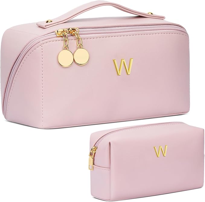 Birthday Gifts for Women Teen Girl, Personalized Initial Makeup Organizer Bag Set, Open Flat Travel Cosmetic Bag With Clear Divider and Handle(Pink,W)