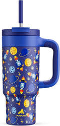 24 oz Stainless Steel Tumbler for Children: Durable Handle, Easy to Clean, Straw Gulp Lid, Car Cup Holder Friendly, Insulated Cup for Sport, Hiking, Carry, Adventures, Bag, Classroom (Space Rocket)