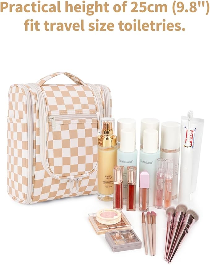Narwey Small Checkered Hanging Travel Toiletry Bag for Women, Travel Bag for Toiletries, Makeup Bag Organizer Cosmetic Bags Make Up Bags for Women (Light Checkerboard)