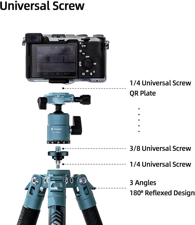 Fotopro Carbon Fiber Tripod 60 Inch 360 Degree Ball Head Quick Release Plate Lightweight Camera Tripod for Travel Tripod Folded Height Only 14.2",Max Loads up to 22lbs,Blue