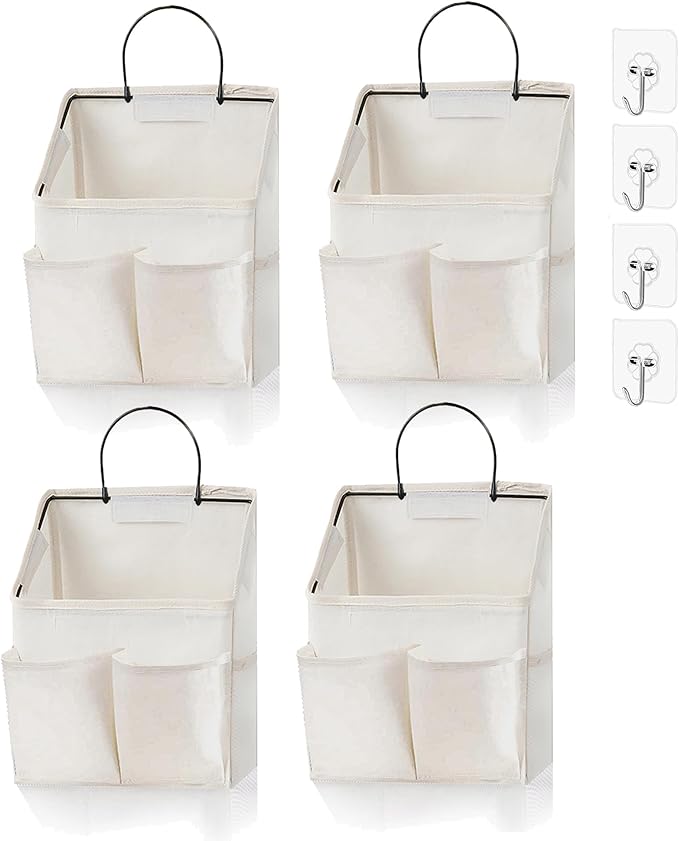 4pcs Wall Hanging Storage Bag,Wall Hanging Organizer bags with Pockets, Wall Organizer Storage for Dormitory Bathroom Bedroom (White-upgraded)