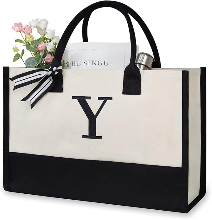 TOPDesign Embroidery Initial Canvas Tote Bag, Personalized Present Bag, Suitable for Wedding, Birthday, Beach, Holiday, is a Great Gift for Women, Mom, Teachers, Friends, Bridesmaids (Letter Y)