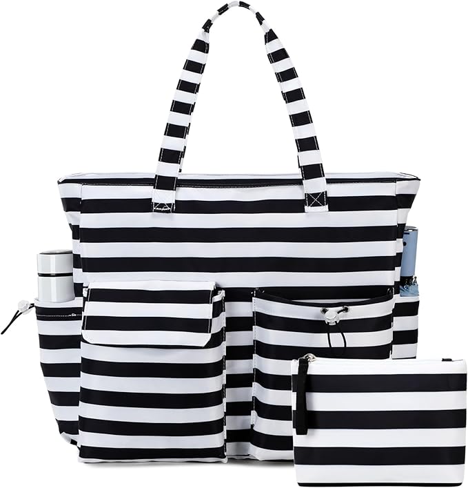 LEDAOU Large Beach Tote Bag Women Waterproof Sandproof Zipper Beach Tote Bag for Pool Gym Grocery Travel with Wet Pocket