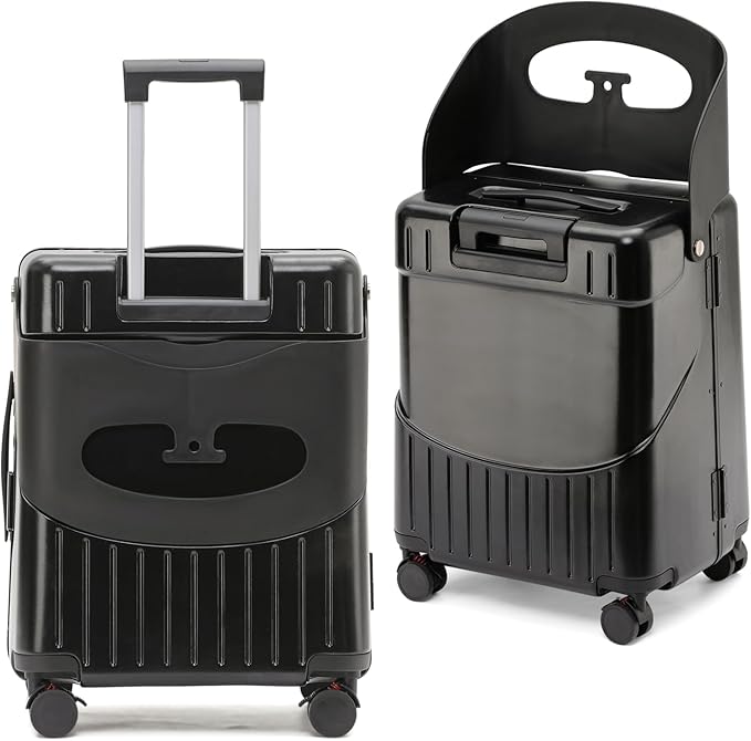 Hardside 22'' Luggage with Seat for Kids & Adults, 360° Lockable Spinner Wheels Travel Suitcase with TSA Approved Lock and Seat Belts(Black, 22-Inch)
