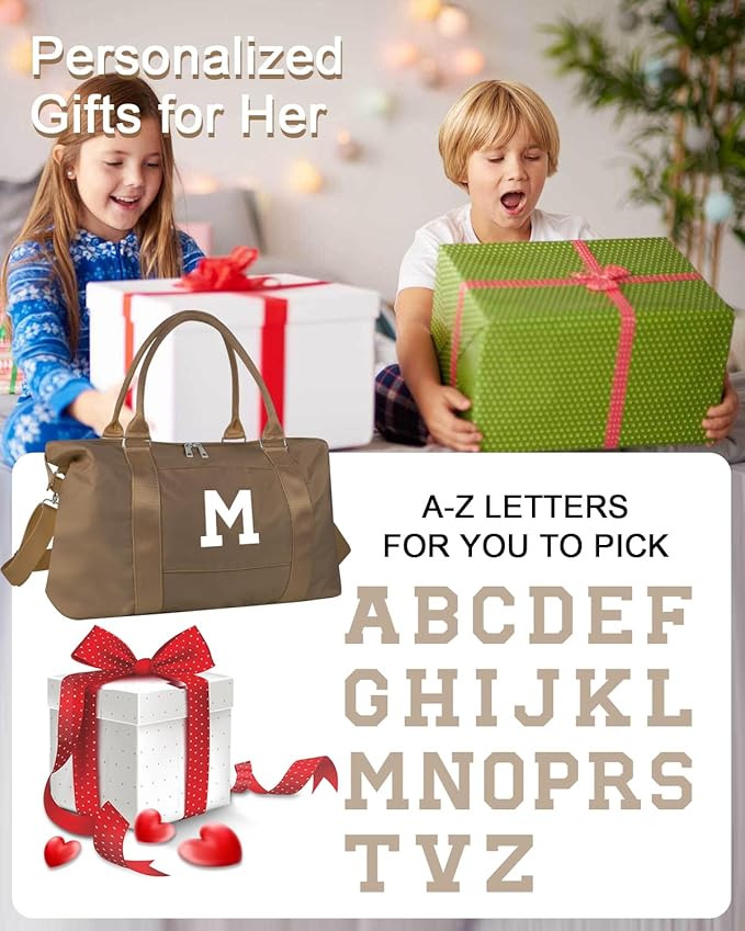 Birthday Graduation Gifts for Daughter,Initial Travel Duffel Bag Sports Gym Bag for Girls Teen Kids Birthday Gifts,Personalized Weekender Bag Carry On Tote Bags Cute Overnight Bag for Women(Brown, M)