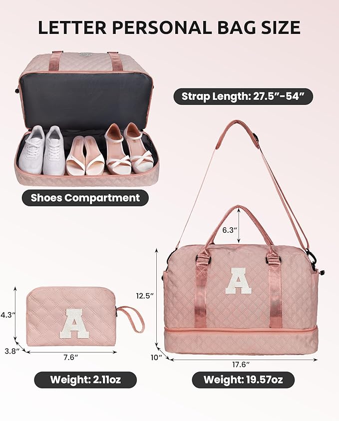 Gifts for Daughter-Girls Initial Duffle Bag with Shoe Compartment, Kids Weekender Bag, Monogram Overnight Bag, Letter Travel Bag with Makeup Bag，Sister Friend Girlfriend Gifts (Letter M)