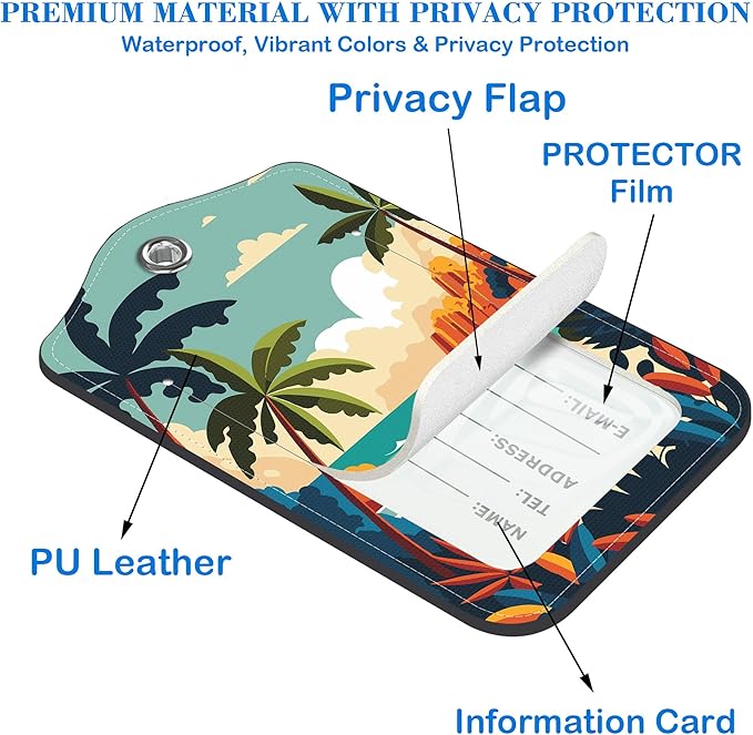 Tropical Beach at Sunset Luggage Tags for Suitcases Leather Travel Tags for Luggage ID Label with Privacy Cover and Stainless Steel Loop for Men Women Suitcase Backpack, Set of 2