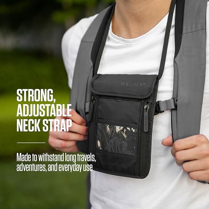 VENTURE 4TH Passport Holder Neck Wallet with RFID Blocking Nylon Lining - Hidden Neck Pouch for Travel (Sleek Gray)