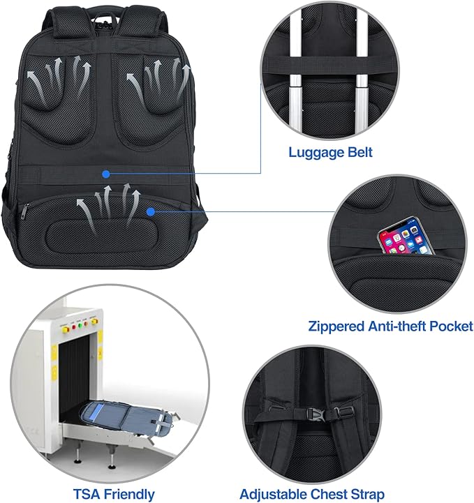 KROSER TSA Friendly Travel Laptop Backpack 18.4 inch XXXL Gaming Backpack Water-Repellent College Daypack Business Backpack with RFID Pockets & USB Port for Men/Women-Black