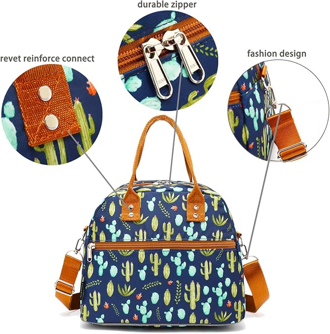 FlowFly Insulated Lunch Bag With Shoulder Strap for Women, Men, and Kids, Large and Reusable, Handle, Freezable Work and School Travel Tote and Meal Prep Organizer,Cactus