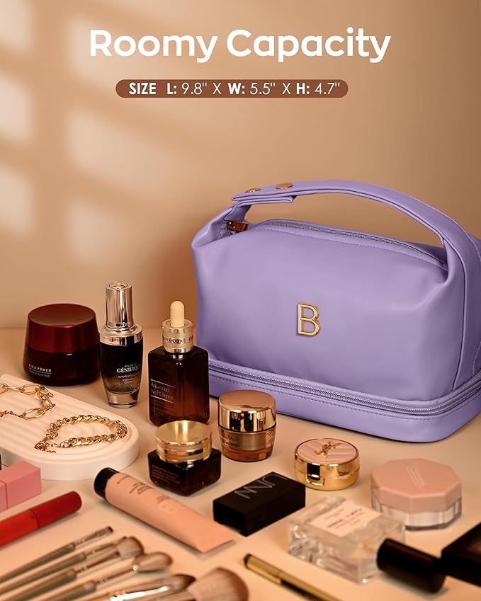 Personalized Friend Gifts, Initial Large Makeup Bag, Personalized Double Layer Cosmetic Bag with Makeup Brush Organizer, Waterproof, Large Capacity PU Leather Toiletry Bag，Teacher Gifts
