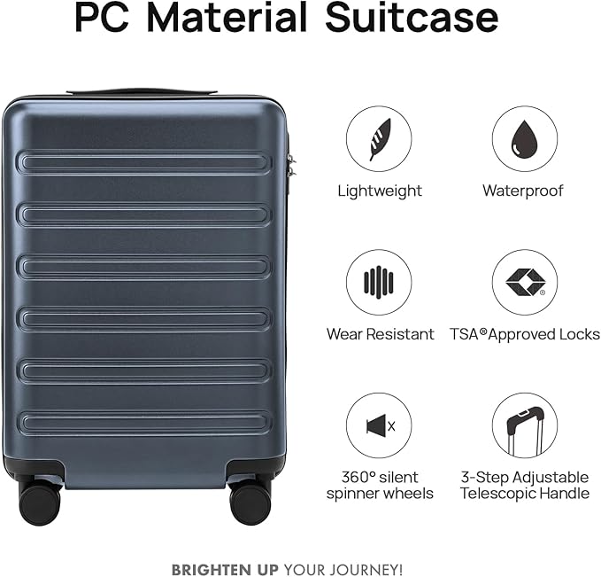 Carry on Luggage 22 X 14 X 9 Airline Approved, 20 Inch Luggage for 3-5 Days Travel, Double Spinner Wheels, 100% Hardshell PC, TSA Lock (09-Grey, Checked 28-Inch)
