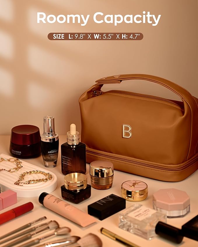 Gifts for Women Birthday, Monogrammed Makeup Bag with Handle, Initial Double Layer Cosmetic Bag with Makeup Brush Organizer, Cute Cosmetic Pouch for Women, Gifts for Friends Female Mom