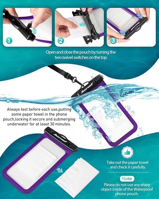 Hiearcool Universal Waterproof Phone Pouch, Dry Bag Compatible for iPhone 16 15 14 13 Pro Max XS Plus Samsung Galaxy S22 Cellphone Up to 8.3", IPX8 Water Proof Cell Phone Case for Beach-2Pack