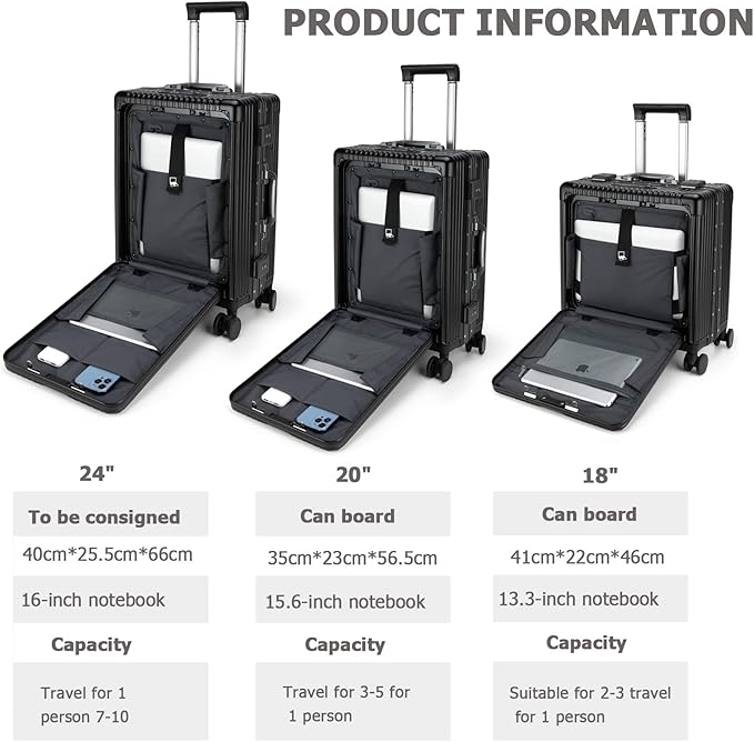 feilario 20in Aluminium Frame PC Hard Shell Spinner Wheels Luggage, Built-In TSA lock Carry on Suitcase, with Cup Holder, USB Port, Phone Holder