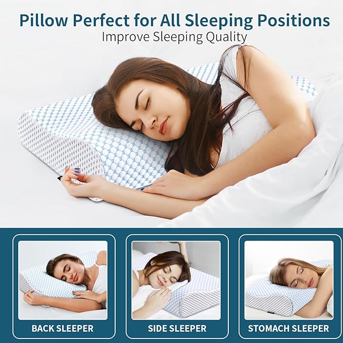 Memory Foam Pillows Neck Pillow for Pain Relief, Ergonomic Cervical Pillow Neck Shoulder Support Bed Pillow for Side Back Stomach Sleeper, Orthopedic Contour Pillow for Sleeping(Blue&White)