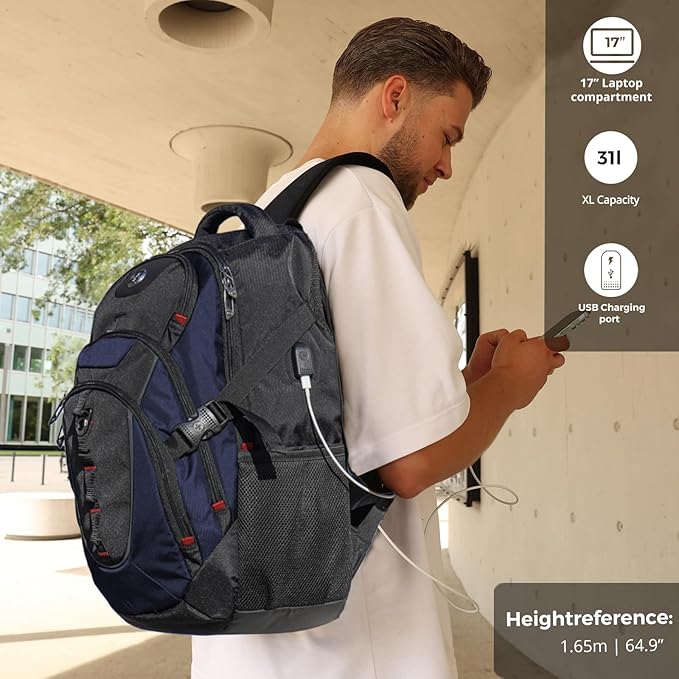 Swissdigital Design Laptop Backpack with USB Charging Port, TSA Travel Backpack Fits 15.6 inches Computer, 31L College School Backpack for Men, Blue/Black | SD803