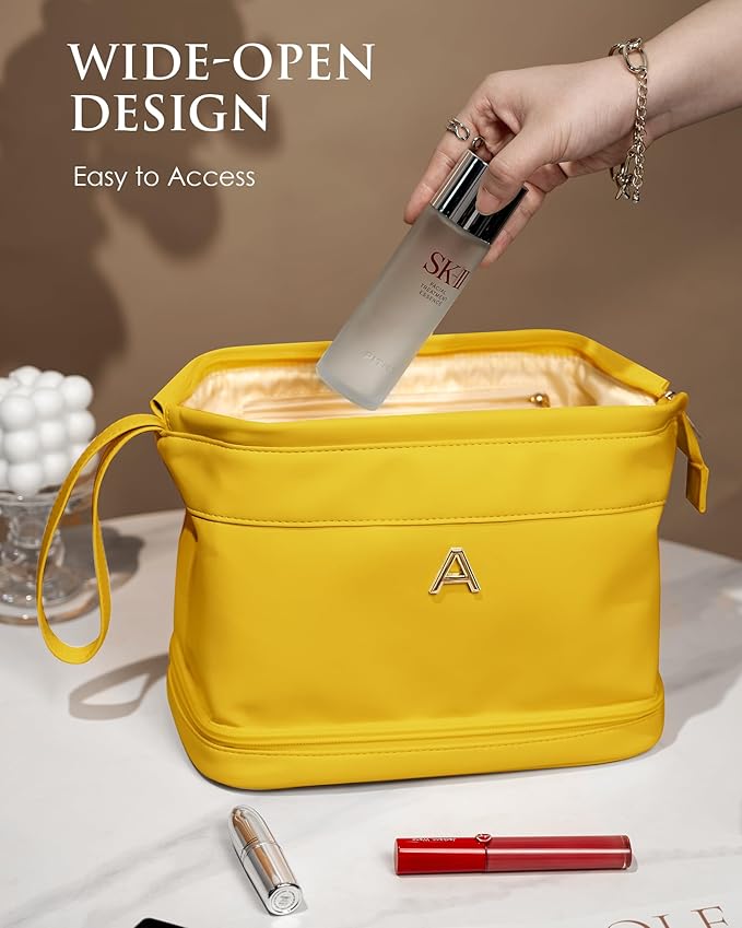 Senior Gifts, Initial Makeup Bag, Travel Gifts, Personalized Bags, Waterproof Double Layer Cosmetic Bag, Large Capacity PU Leather Makeup Bags Letter Travel Toiletry Bag, Friend Gifts