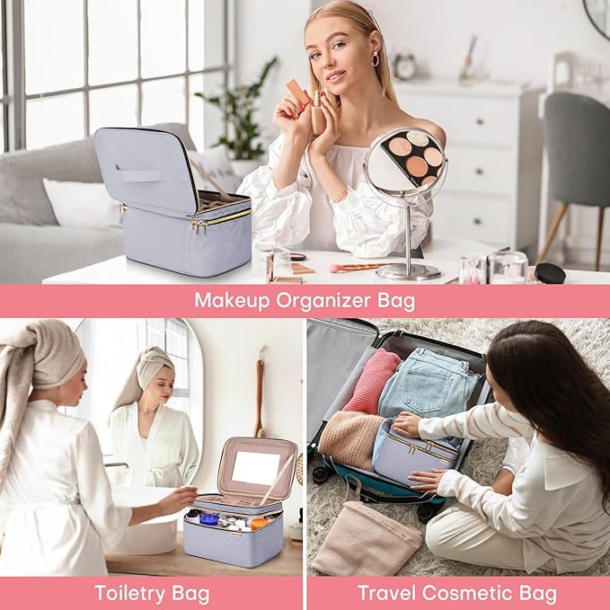 Large Makeup Bag with Mirror Double Layer Travel Make Up Organizer Case, Large Capacity Coemetic with Brush Slot Divider, Travel Toiletry Bag for Women (Grey)