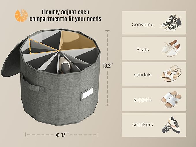 Vailando Shoe Organizer for Closet - Cylindrical Shoe Storage Organizer with Adjustable Dividers for Closet, Foldable Shoe Storage Box, Gray, 2-Pack, Large