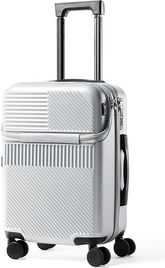 UrbanExplorer 20 Inch Carry-On Luggage with Front Opening, Cup Holder & USB Port, Lightweight ABS+PC Hardshell Spinner Suitcase, Airline Approved, 360° Wheels, Sliver