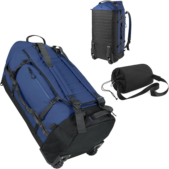 85L 29“ Foldable Rolling Backpack with Wheels, Soft-Side Travel Duffle Bag with Separate Shoe Compartment, Full Quilted Bottom, Navy Blue
