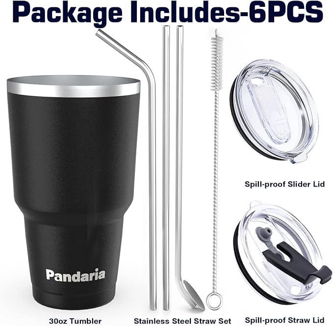 30 oz Travel Coffee Tumbler Cup, Double Wall Stainless Steel Reusable Spill Proof Tumbler with Straw, Leak Proof Insulated Tumbler with Straw for Iced Coffee, Tea & Water (Black)