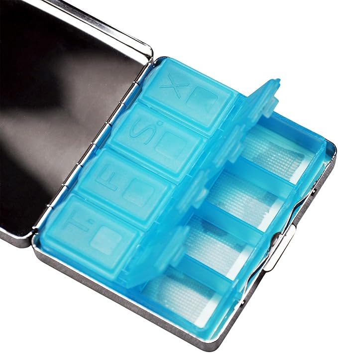 Cute and Portable Metal Pill Organizer – 8 Compartments, Elegant Chrome Finish, Ideal for Travel and Daily Use (Beware Poison Coffin)