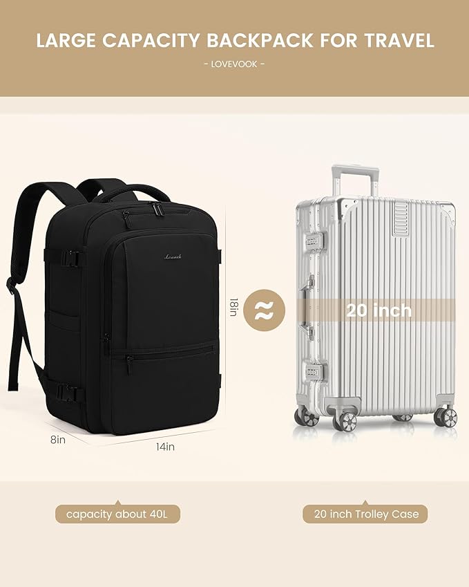 LOVEVOOK Travel Backpack for Women & Men, 40L Large Carry On Backpack Airline Approved, TSA Personal Item Weekender Bag, Water Resistant Laptop Backpack with 3 Packing Cubes for Travel Essentials