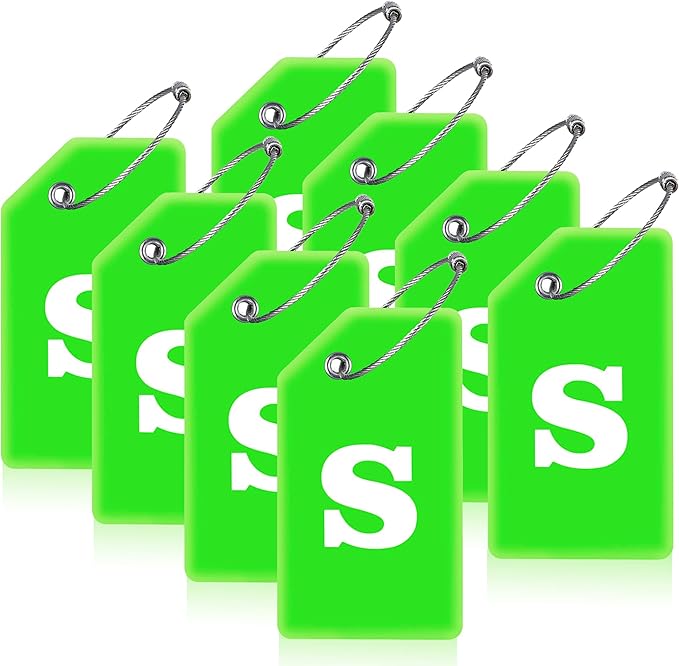 8 Pcs Luggage Tags for Suitcases, 26 Initial Letter Travel Luggage Baggage Identification Labels ID Tags Fully Bendable Tags with Stainless Steel Loop (Letter S, Green)