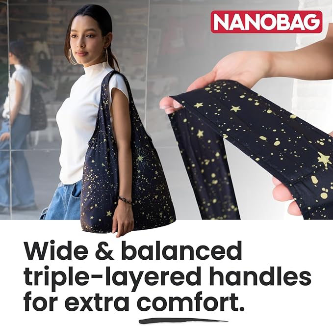 Nanobag Ultra-Lightweight Foldable Tote for Women & Men, Reusable Grocery & Travel Bag, Packable Collapsible Compact Market Essential (Standard Black)