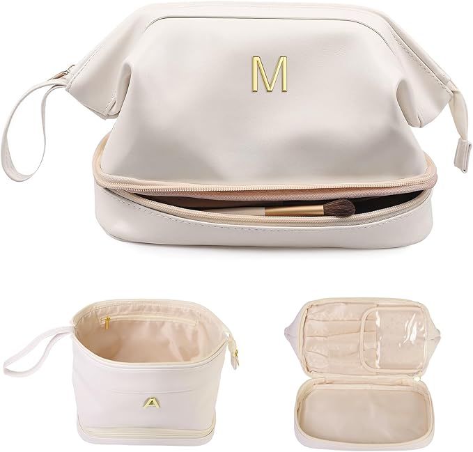 Birthday Gifts-Teen Girl Gifts Trendy Stuff Initial Large Makeup Bag for Women, Personalized Double Layer Cosmetic Bag with Makeup Brush Organizer, PU Leather Travel Toiletry Bag,Bride Gift