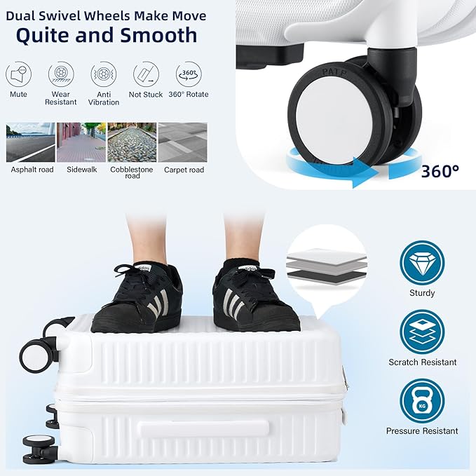 Hard Shell Suitcases Expandable Travel Luggage Sets 2 Piece, Carry on and Check in Luggage Lightweight Suitcase Set 2 Piece with Wheels Cup Holder Charger Built in (White, 20/28)