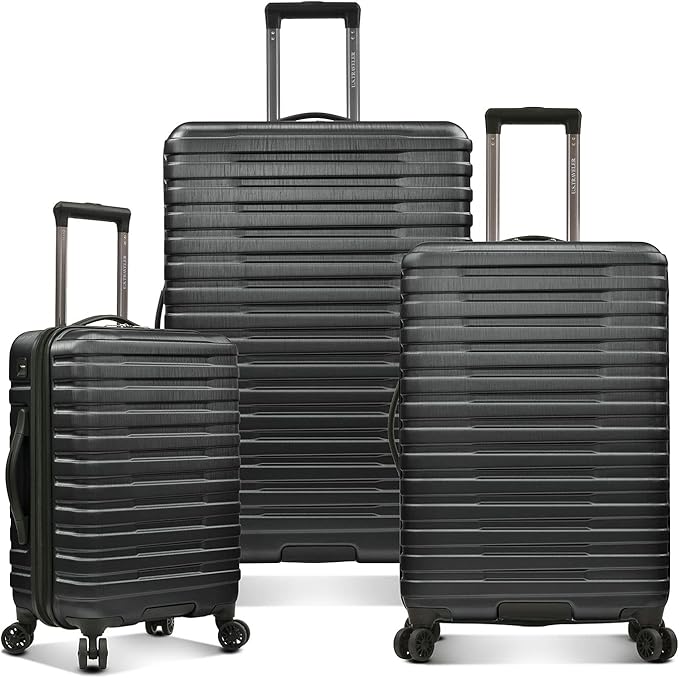 U.S. Traveler Boren Polycarbonate Hardside Rugged Travel Suitcase Luggage with 8 Spinner Wheels, Aluminum Handle, Black, 3-Piece Set, USB Port in Carry-On