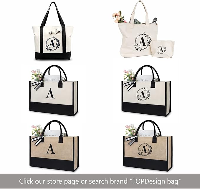 TOPDesign Initial Jute/Canvas Tote Bag, Personalized Present Bag, Suitable for Wedding, Birthday, Beach, Holiday, is a Great Gift for Women, Mom, Teachers, Friends, Bridesmaids (Letter S)