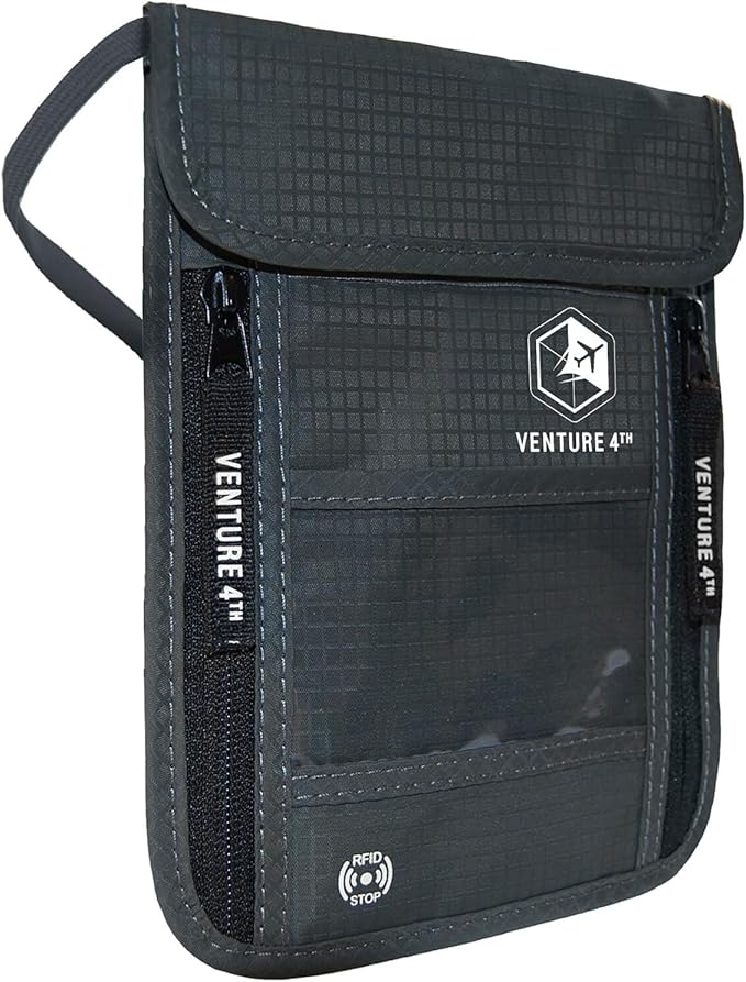 VENTURE 4TH Passport Holder Neck Wallet with RFID Blocking Nylon Lining - Hidden Neck Pouch for Travel (Gray)
