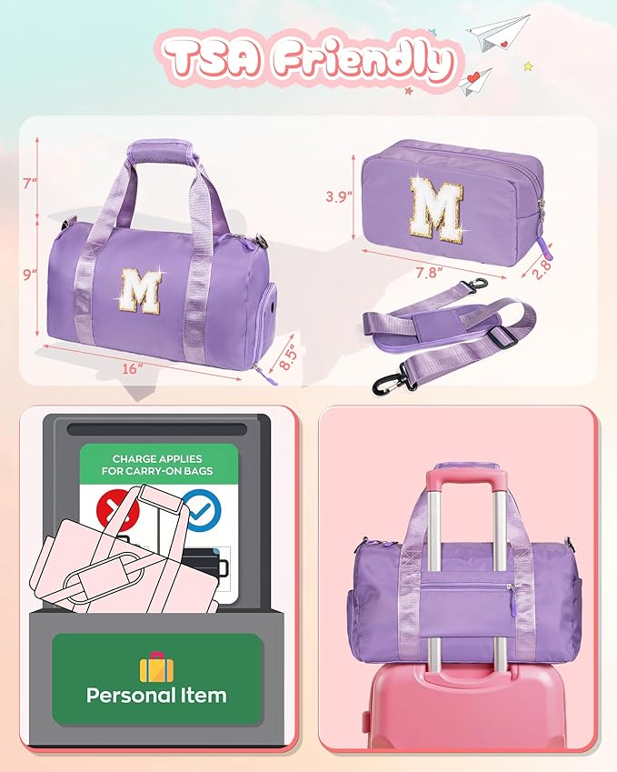 Gifts for 4 5 6 7 8 9 10 11 Year Old Girls-Girl Gym Bag with Shoe Compartment, Kid Personalized Weekender Overnight Bags, Initial Travel Tote with Makeup Pouch, Graduation Gift (Letter A)