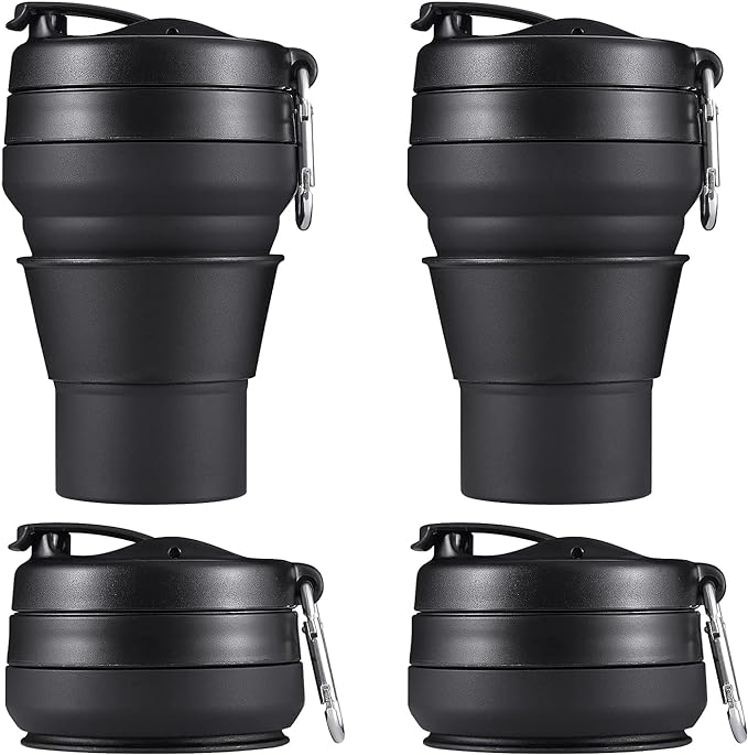 2PACK Collapsible Coffee Cup, 20 OZ 600ml Silicone Folding Camping Mug, Leak Proof BPA Free Portable Sport Bottle with Lids for hiking, Microwave & Dishwasher Safe (Black)