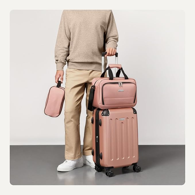 Amazon Basics 3-Piece Luggage Set, Including Carry-On Luggage (22" Expandable Hardside Suitcase With 8 Spinner Wheels), 15" Tote Bag, and 10" Compact Travel Bag, Rose Gold