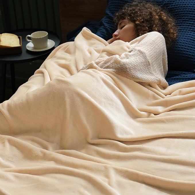 PHF Ultra Soft Fleece Blanket Queen Size, No Shed No Pilling Luxury Plush Cozy 300GSM Lightweight Blanket for Bed, Couch, Chair, Sofa Suitable for All Season, 90" x 90", Beige