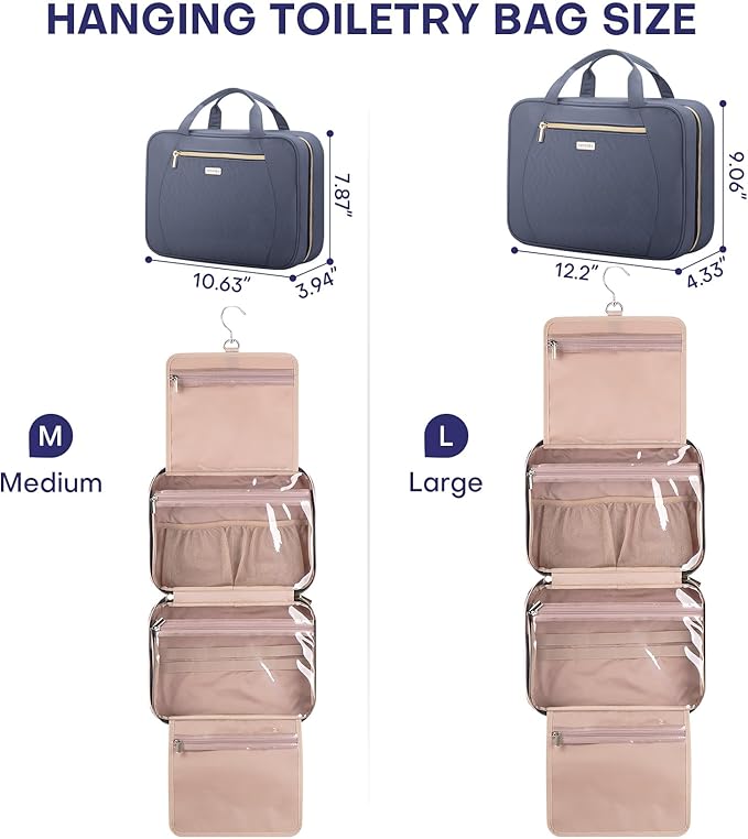 Hanging Toiletry Bag for Women Travel, 2 Sizes Large & Small Waterproof Cosmetic Organizer with 4 Compartments, Rotating Hook, Foldable Pink Travel Bag for Toiletries & Makeup Medium Grey Blue